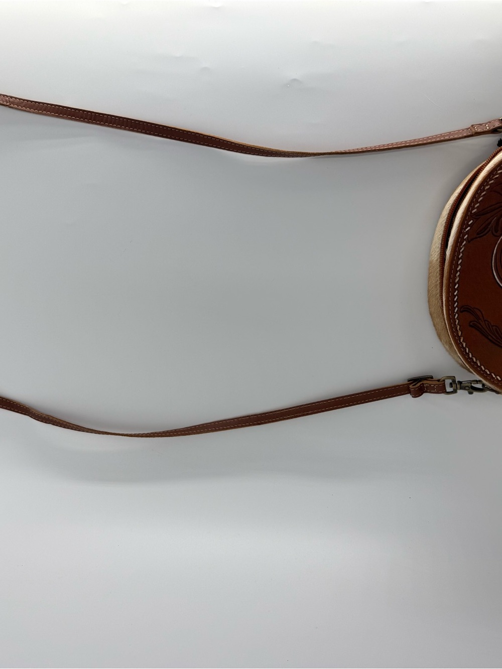 Myra Bag Brown Leather Round Crossbody with Tooled Detail